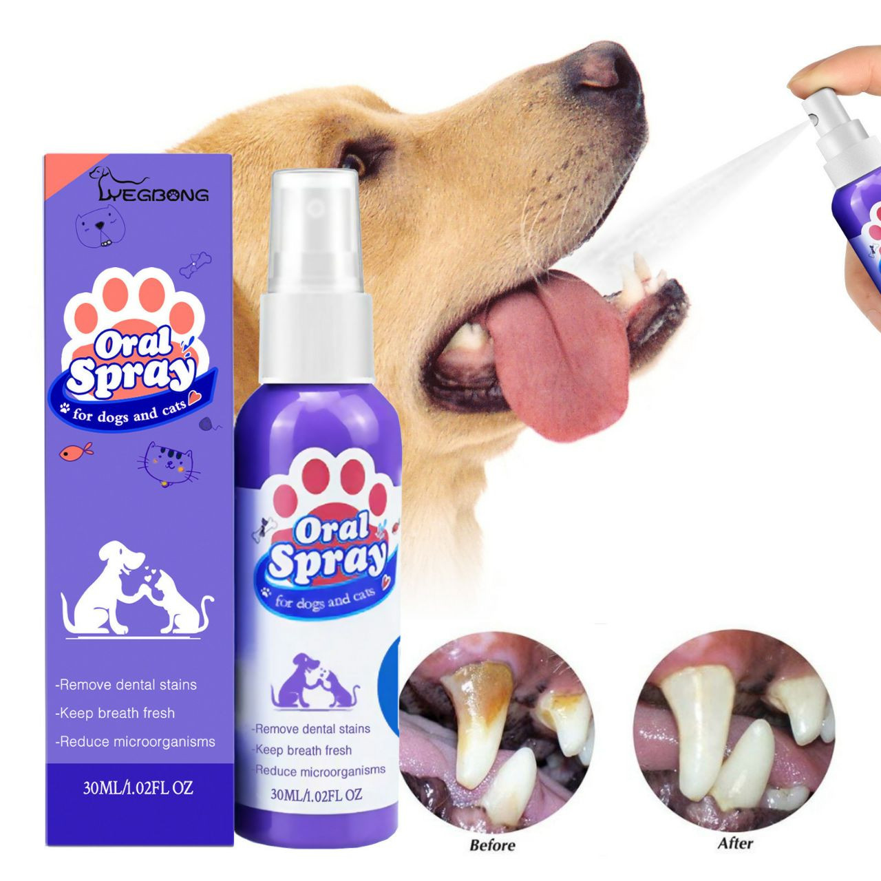 Yegbong Spray nettoyant pour dents pour chats et chiens, élimine les taches de dents et la mauvaise haleine, rafraîchit l'haleine, spray de soin buccal pour animaux de compagnie
