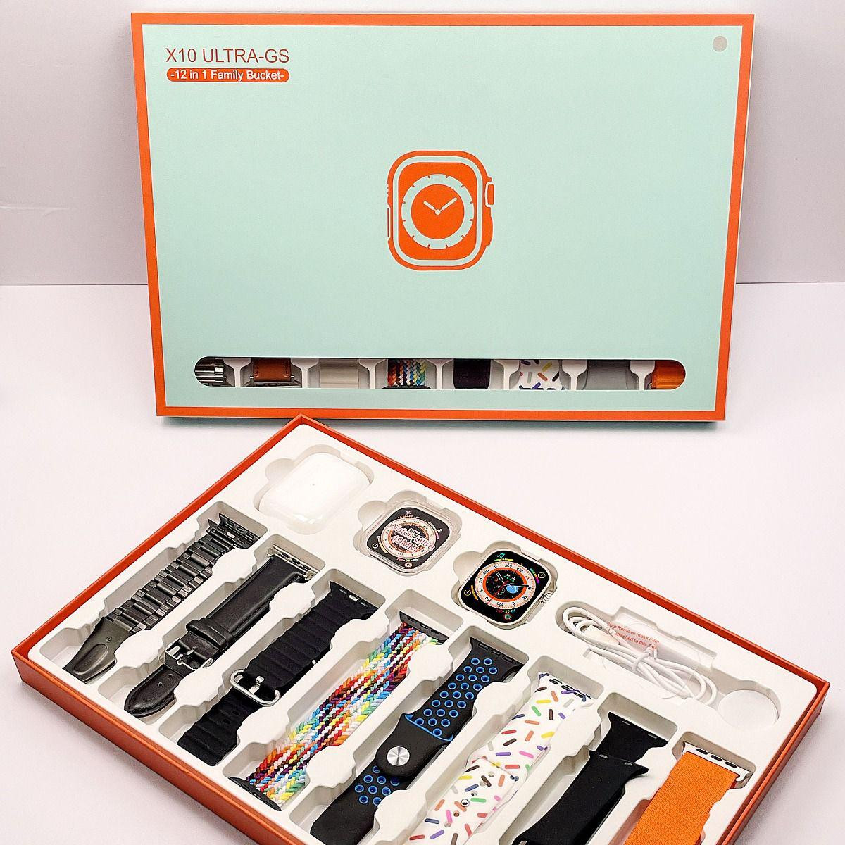 Montre connectée sport X10 ULTRA-GS 12 en 1 : écouteurs, boîtier, autocollants, 8 bracelets et chargeur sans fil